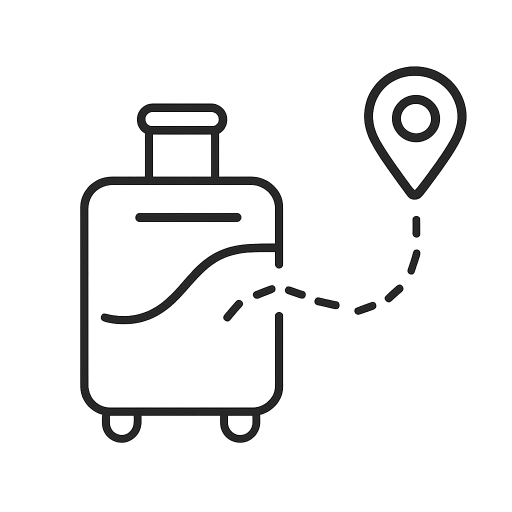 A gray line drawing of a suitcase with a handle and wheels, accompanied by a location marker.